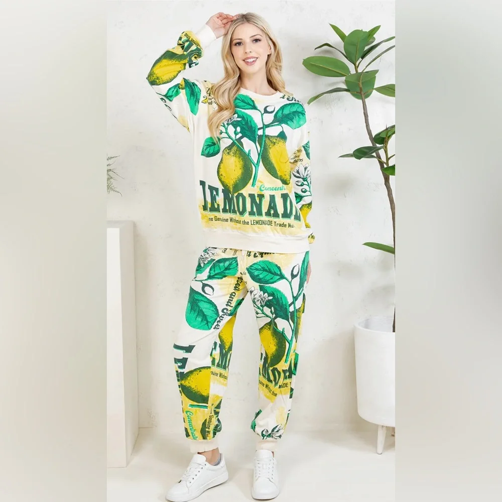 V3. ❤️NEW Retro Vintage Lemon Print Sweatshirt Jogger Set 100% Cotton Flour Sack - Picture 1 of 7